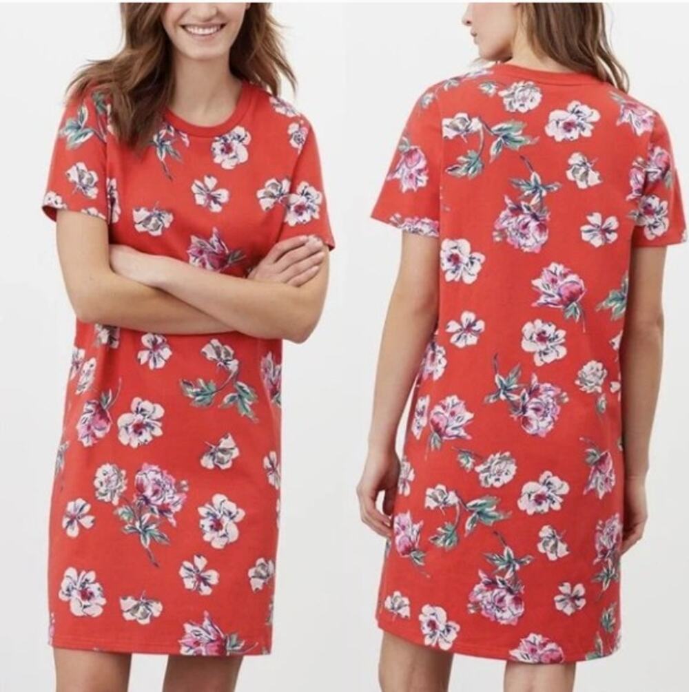 Joules Liberty Print A Line Red Floral 100% Cotton Jersey Dress Size 10